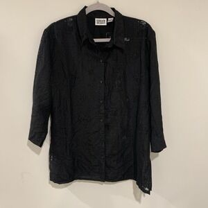 Chicos Burnout Button Down Tunic Top Sz 2 (US L) Black Artsy Lagenlook Mature
